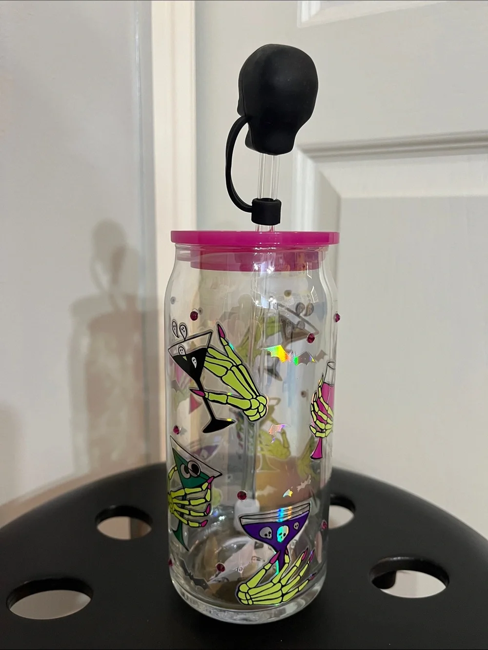 Sheffield Home Halloween Glass Tumbler 20 oz Skeleton Cocktail Skull Straw NWT